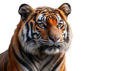 Obraz premium Majestic Bengal Tiger Portrait: A powerful Bengal tiger with striking orange and black stripes stares intensely at the viewer, showcasing its majestic presence and captivating gaze.
