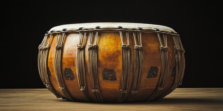 A round brass bass drum with strings and ties on a stage. Part of an acoustic musical ensemble.