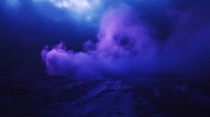 Fototapeta premium Night landscape, purple mist, dirt road, dark sky, fantasy background, gaming