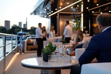 An elegant scene of a luxury yacht party featuring refined decor and a stunning city skyline backdrop, capturing the essence of exclusivity and celebration in a lavish setting.