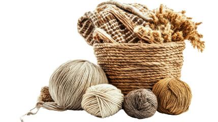 Obraz premium Cozy Craft Corner: Warm, textured yarn balls and rustic wicker basket filled with soft textiles evoking a sense of warmth, creativity, and handcrafted beauty.