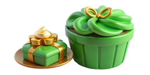 A delicious green cupcake with creamy frosting topped with a golden coin and a tiny shamrock, next to a beautifully wrapped gift box on a vibrant green background.
