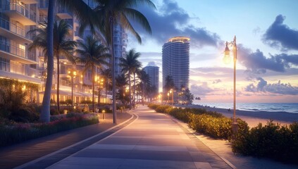 Sunrise over beach boardwalk with palm trees and buildings.