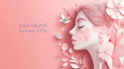 International Women's Day Vector Banner with Paper Cut Female Face, Flowers, and Dove, Pink Pastel Background, Soft Light, 3D Rendering