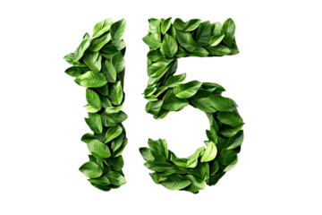 Green Leaves Create Number Fifteen, Transparent Background