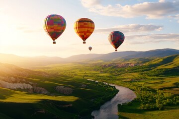 Fototapeta premium Serene Sunrise Hot Air Balloon Flight - Majestic hot air balloons soar over a picturesque landscape at sunrise, symbolizing adventure, freedom, serenity, exploration, and aspiration