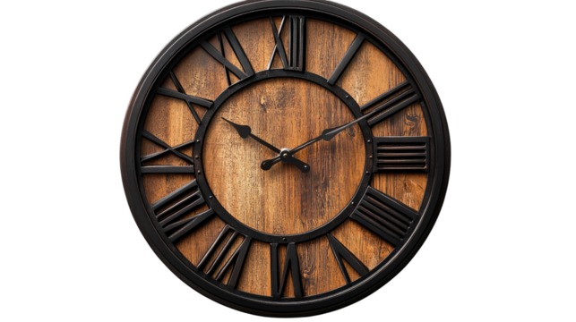 Timeless Timepiece: A detailed, close-up shot of a classic round clock showcases Roman numerals and a rustic wooden face, capturing the essence of enduring style and precision.