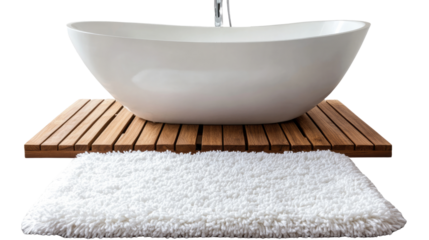 Luxurious Bathroom Oasis:  A pristine white bathtub sits majestically on a warm wooden platform, inviting relaxation and rejuvenation. The soft, plush rug adds a touch of elegance to the scene.