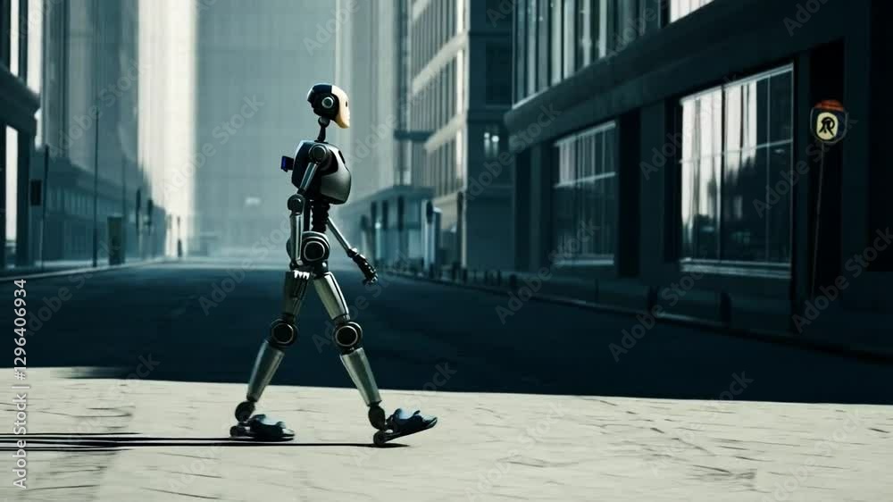 Aufkleber a robot walks along empty streets of a futuristic city. tall buildings cast long shadows, emphasizin