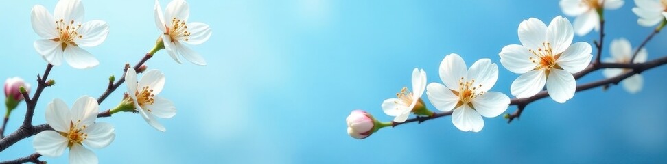 Delicate white blossoms seamlessly repeat on a serene blue backdrop , soft, tranquil