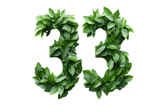 Number 33 Crafted from Green Leaves, Transparent Background