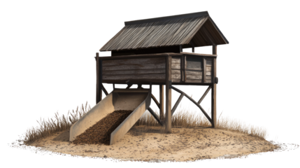 Rustic Elevated Platform: A weathered wooden structure with a ramp leading to a lookout platform, offering a panoramic view of the surrounding landscape.