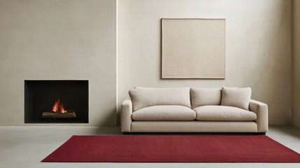 A minimalist living room featuring a beige sofa, red rug, and modern fireplace, creating a cozy yet stylish atmosphere.