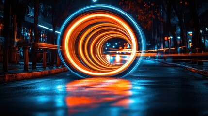 Night street with vibrant light trails forming a circular tunnel.