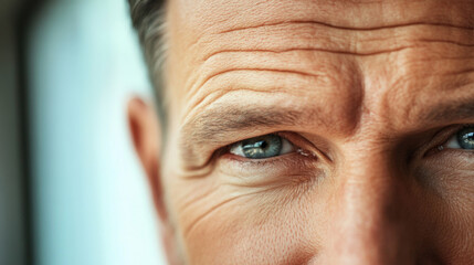 close up of mature man forehead and eyes, showing wrinkles and expression lines, with focused gaze