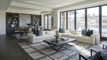 Fototapeta premium Contemporary living room with dark wood floors, a sectional couch, and a large statement rug.