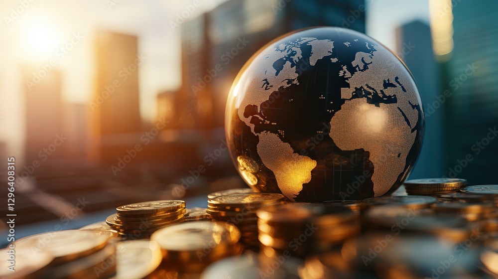 Poster globe resting on a pile of coins with a notebook and pen in a business setting