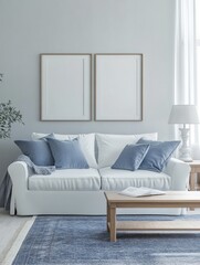 Fototapeta premium White and blue living room with sofa, armchair, lamp, posters