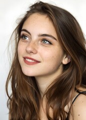 Naklejka premium Whimsical Charm: Ultrarealistic Portrait of a Playful, Freckled Beauty with Hazel Eyes and Bold Makeup