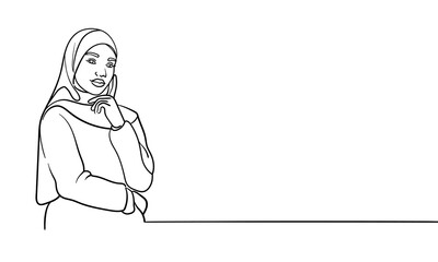 Young muslim woman in burqa, continuous line art drawing. Vector illustration isolated on white background 