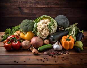 Fotografía profesional de verduras en una mesa de madera, estilo ultrarrealista