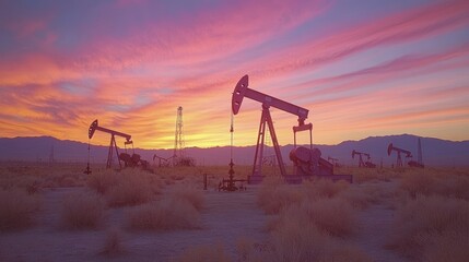 Fototapeta premium Oil pumps at sunset in desert landscape.