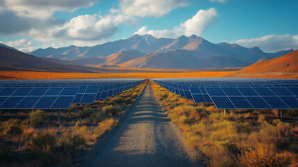a breathtaking view of a solar farm set against a stunning mountain landscape, symbolizing...