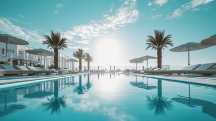 Obraz premium Sea view.Luxury modern white beach hotel with swimming pool. Sunbed on sundeck for vacation home or hotel. Generative ai Edited