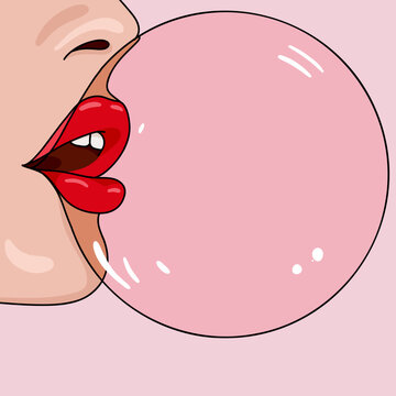 Woman Blowing a Pink Bubble Gum Bubble