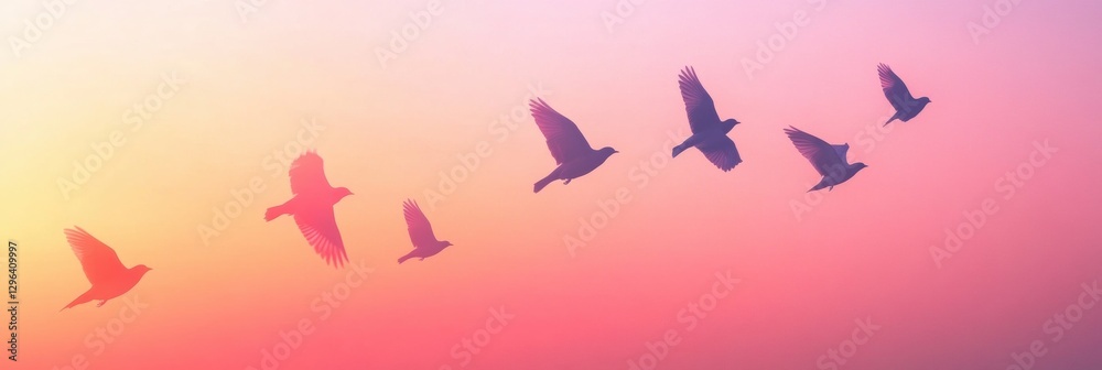 Poster Flock of birds soaring across a colorful twilight sky during a peaceful evening. Generative AI