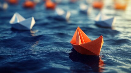 Orange paper boat leading white boats on water.