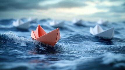 Orange paper boat leads white boats in stormy sea.
