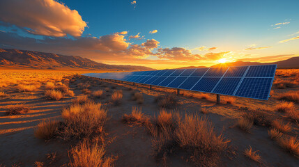 a breathtaking view of solar panels in the desert at sunset, symbolizing clean energy and sustainability. This scenic landscape highlights the future of renewable power and eco-friendly technology.