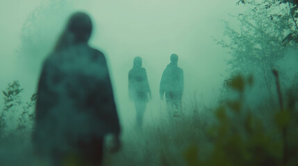 Mysterious figures in foggy forest with eerie atmosphere