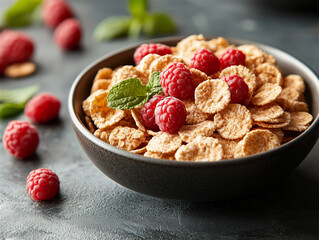 Delicious cereal topped with berries in a bowl