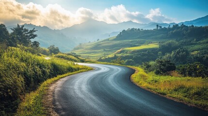 Naklejka premium A winding road of well-being, paved with the promise of a healthier, happier self, beckoning travelers to journey towards their ultimate destination of physical and emotional vitality.