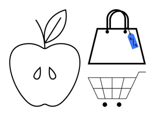 Black line drawing of apple with seeds, shopping bag with blue tag, and wire-frame shopping cart. Ideal for e-commerce, shopping apps, grocery stores, healthy eating, discount sales, market analysis