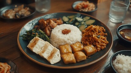 Delicious Asian Cuisine: A Plate of Rice, Tofu, and Vegetables