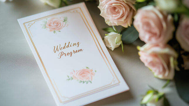Chic wedding program with soft pink roses and elegant design and copy space
