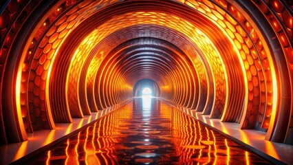 A Reflective Corridor with Glowing Amber Walls and a Smooth Waterway Leading to a Bright Exit
