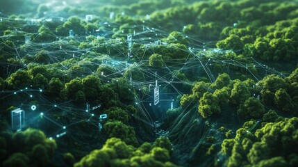 A digital landscape with interconnected blockchain nodes, data flowing between them, representing the secure and transparent nature of blockchain technology in a decentralized digital ecosystem