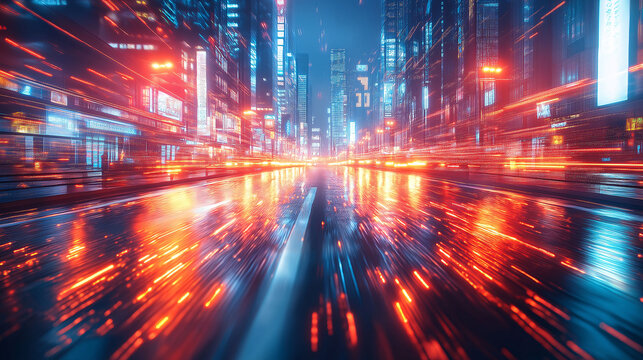 a breathtaking futuristic city street at night, illuminated by neon lights and dynamic speed light trails. This vibrant scene captures urban energy, motion, and high-tech aesthetics.