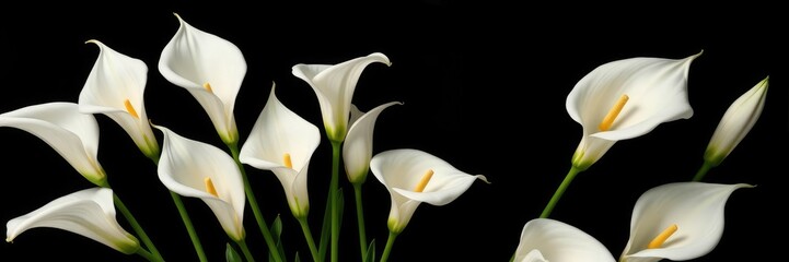 White calla lily arrangement isolated on dark background with delicate petals and slender stems, sympathy gift, black background