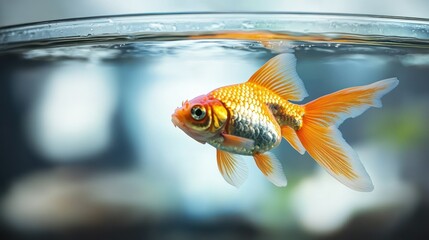 Goldfish swimming in a glass bowl, out of focus background