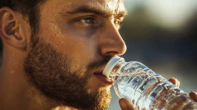 An athlete, his brow furrowed in concentration, quenched his thirst with a cool sip of water from a sleek, clear bottle, the cool liquid revitalizing him as he refocused on his training.