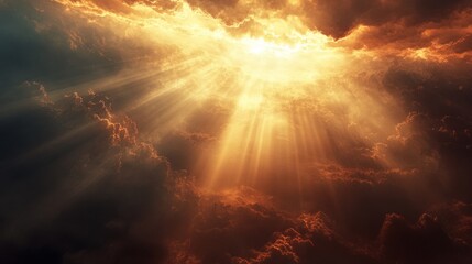 Dramatic depiction of sunbeams shining through dense cloudy atmosphere