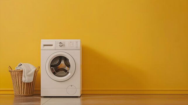 
Washing machine with wicker laundry basket on mustard wall background with copy space. Minimalistic laundry room interior