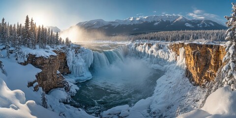 A stunning winter view of a frozen waterfall, with the sky as the backdrop and snow-covered cliffs.