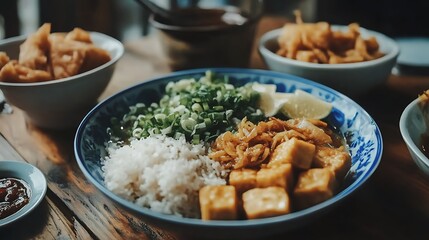 Delicious Asian Cuisine: Tofu, Rice, and Spring Onions