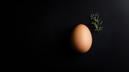 Obraz premium Single organic egg on black background symbolizing plant-based simplicity and diversity. Clean web banner with copyspace for vegan nutrition, healthy eating, and sustainability